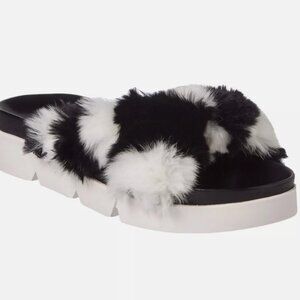Stuart Weitzman Womens Sublime Fox Fur Slides Mules Black White Size 6